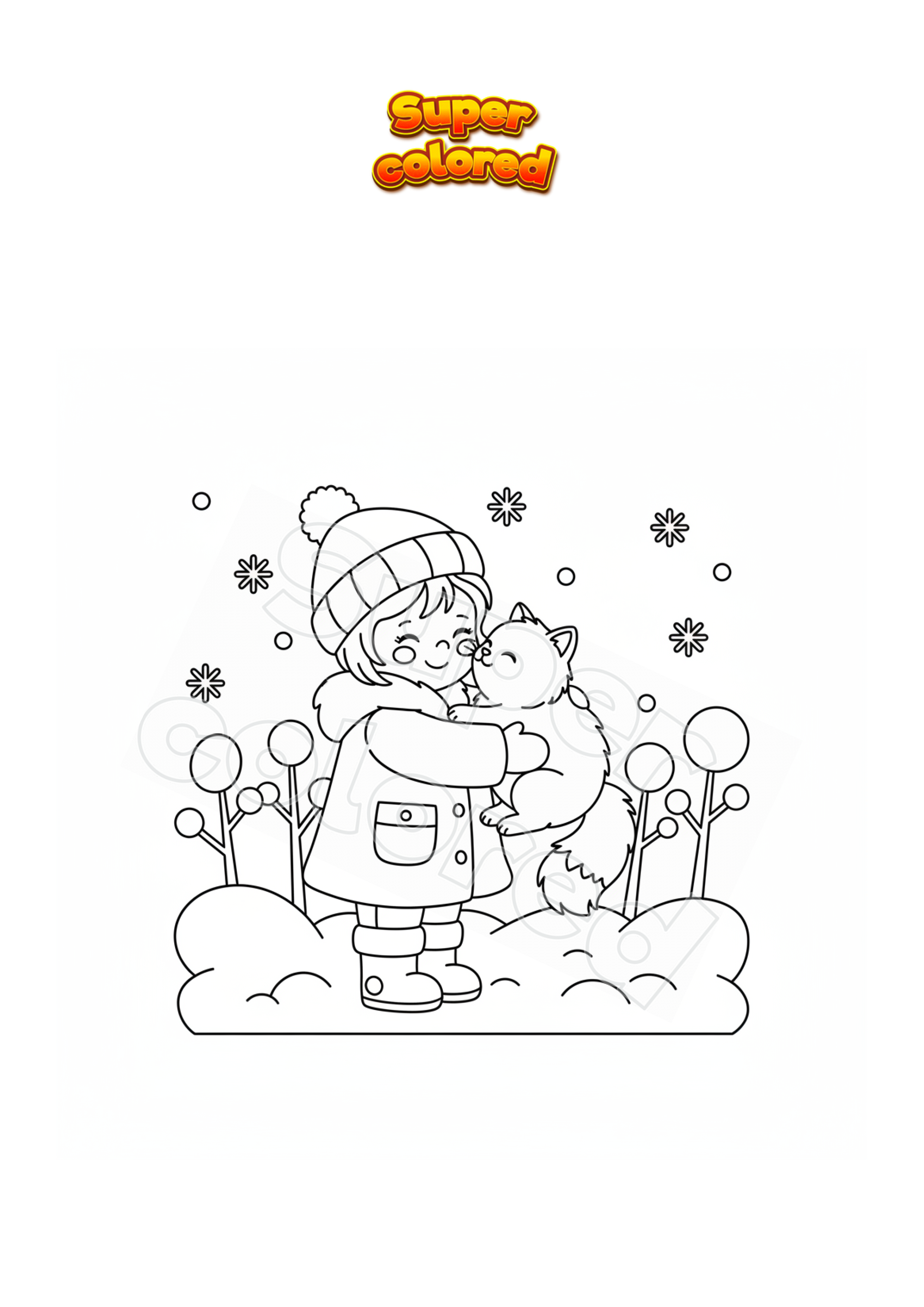 Ausmalbild Kleines Mädchen das eine Katze im Winter umarmt