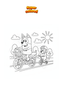 Coloring page Bluey and Bingo on bikes