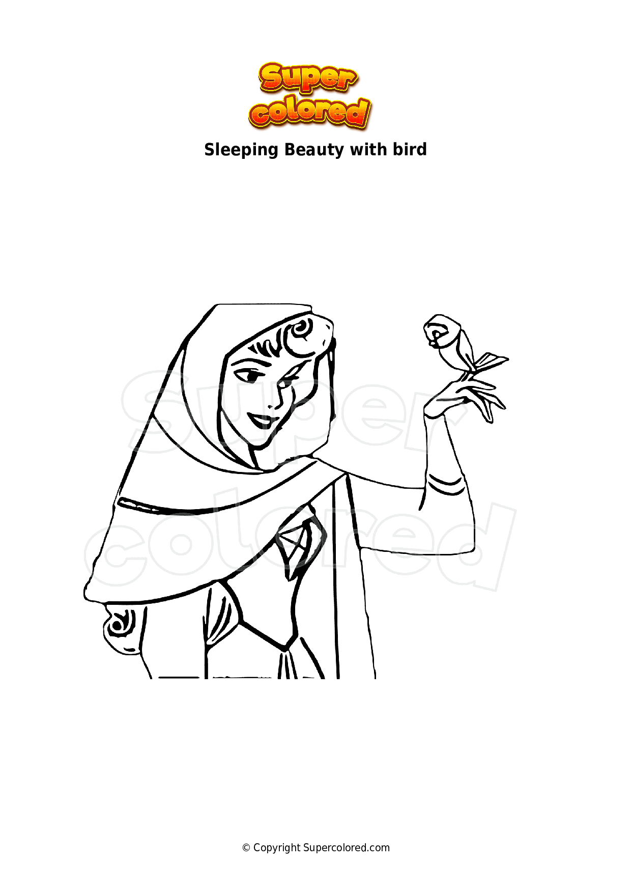 coloring-page-sleeping-beauty-with-bird-supercolored