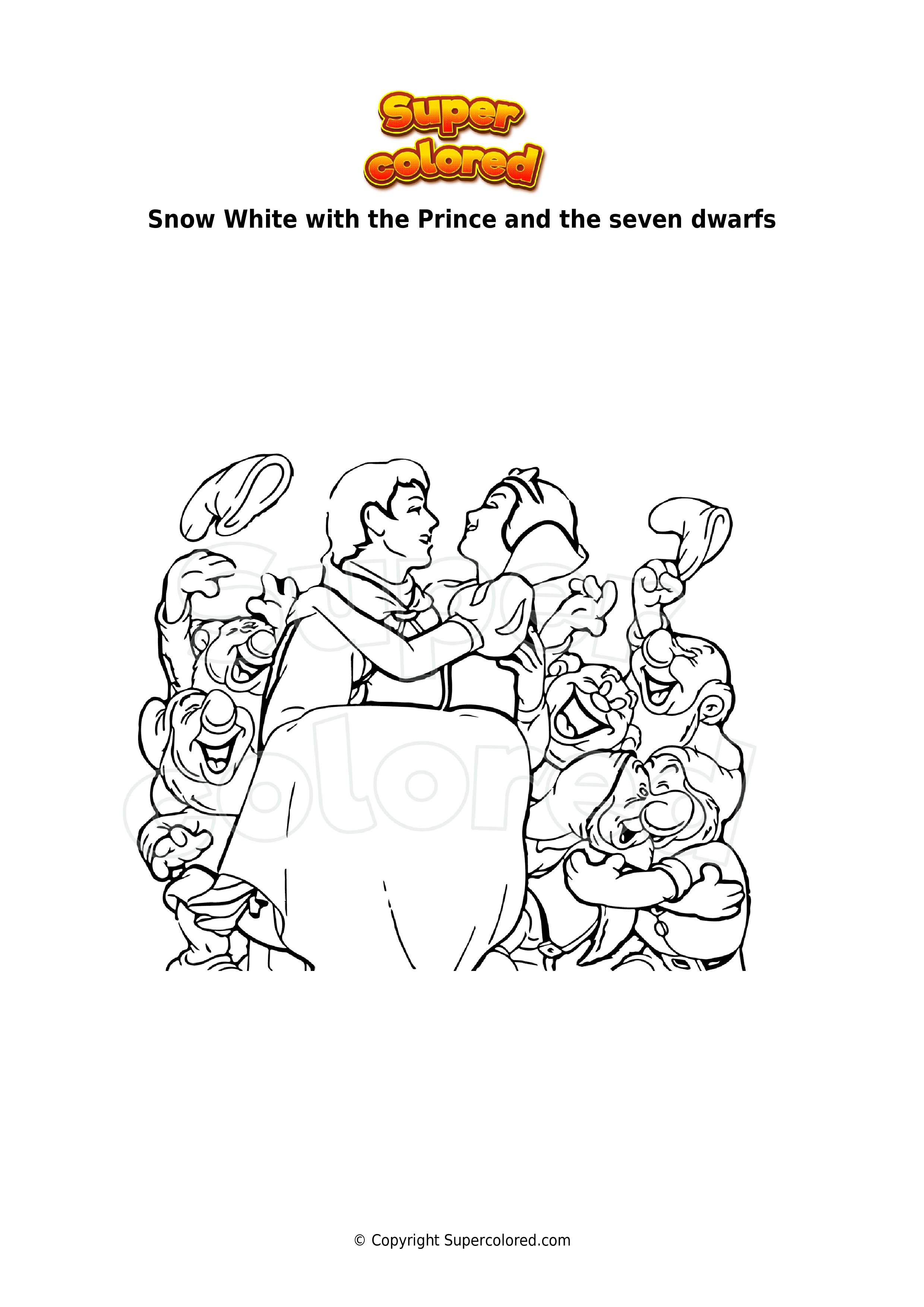 Coloring page Snow White with the Prince and the seven dwarfs ...