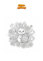 Dibujo para colorear Conejito con huevo de Pascua y flores.