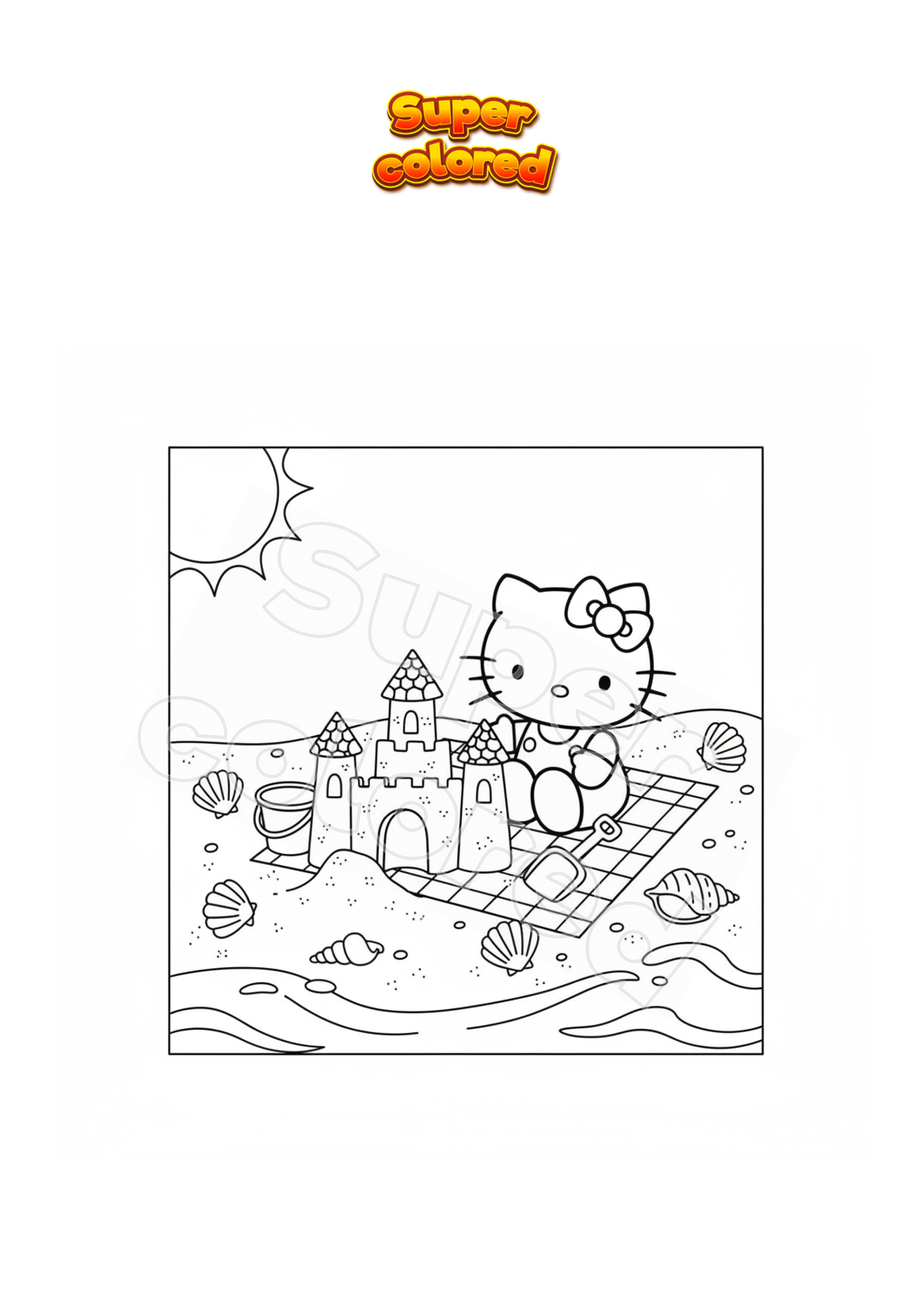 Dibujo para colorear Hello Kitty en la playa, image size:2481x3507